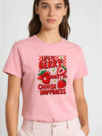 Life Is Berry Sweet So Choose Happiness T Shirt Women Strawberry Graphic Tee Casual Round Neck Short Sleeve Tops