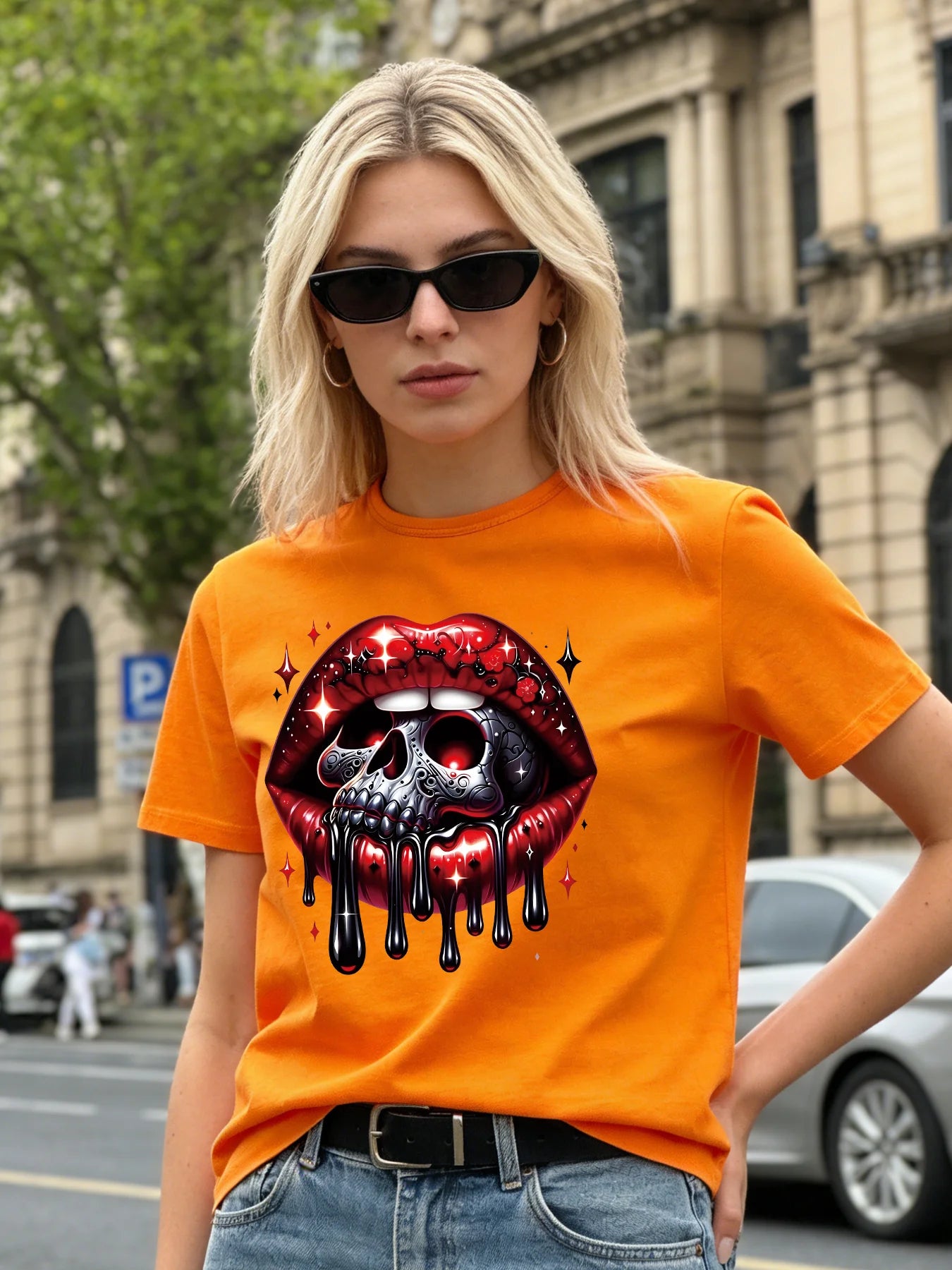 Skull Drip Lips T Shirt Women Gothic Red Lip Print Graphic Tee Casual Round Neck Short Sleeve Tops