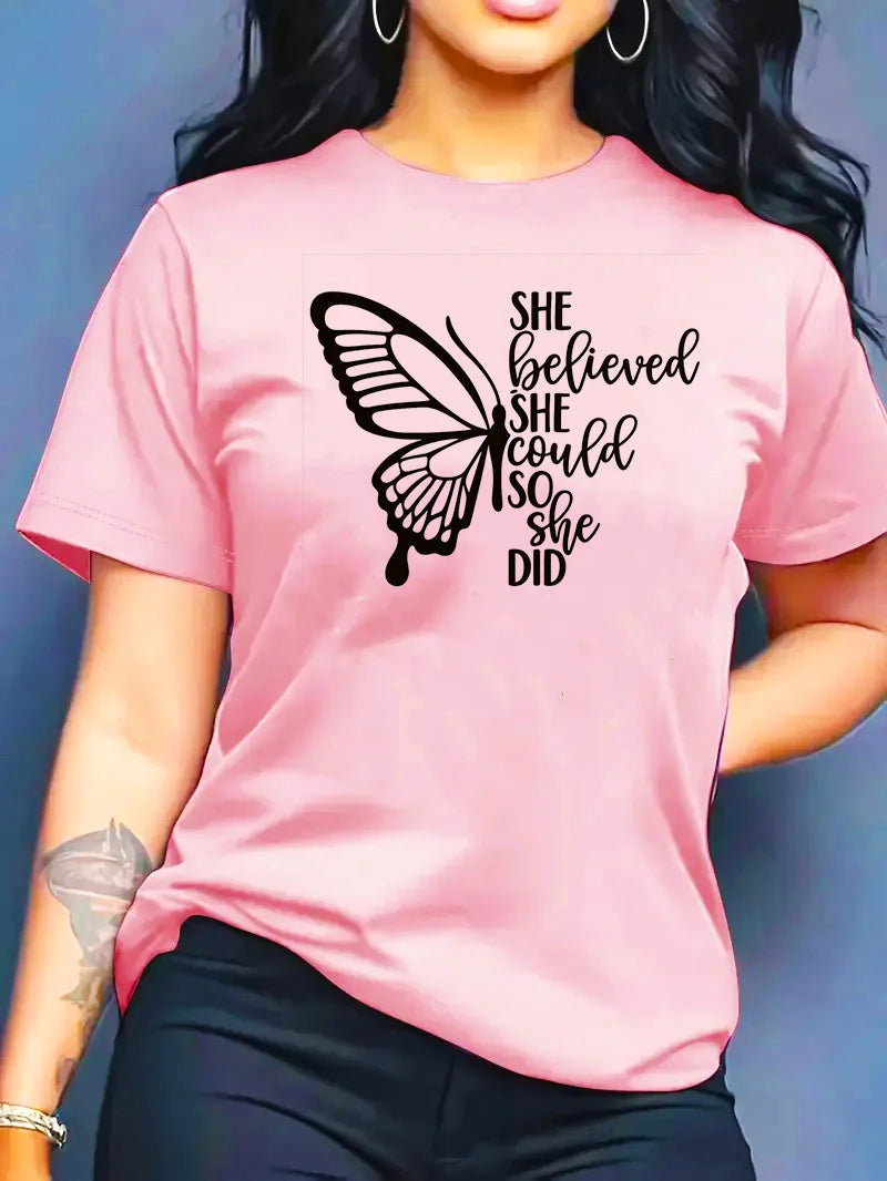 2026 Summer New Fashion Casual Loose Butterfly Print Crew Neck Short Sleeve T-Shirt Top Women Clothes