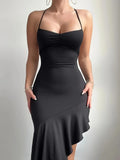 Sexy Black Spaghetti Strap Vacations Bodycon Dress Women's Elegant Asymmetric Ruffle Mermaid Hem Party Evening Club Mini Dresses