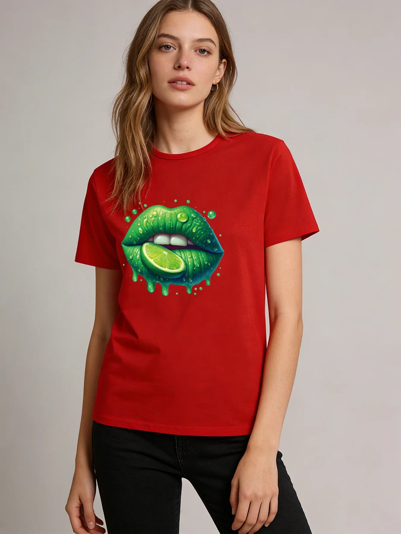 2026 Spring/Summer New Women's Lime Green Lips Pattern T-Shirt Cute Fruit Pattern T-Shirt Casual Round Neck Short Sleeve Top