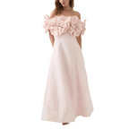 Tube Top Long Dress 2025 Early Spring New Three-Dimensional Flower Waist Slimming Celebrity Style Solid Color Dress