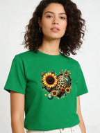 Leopard Heart Sunflower T Shirt Women Boho Floral Graphic Tee 2026 Spring Summer Round Neck Short Sleeve Tops