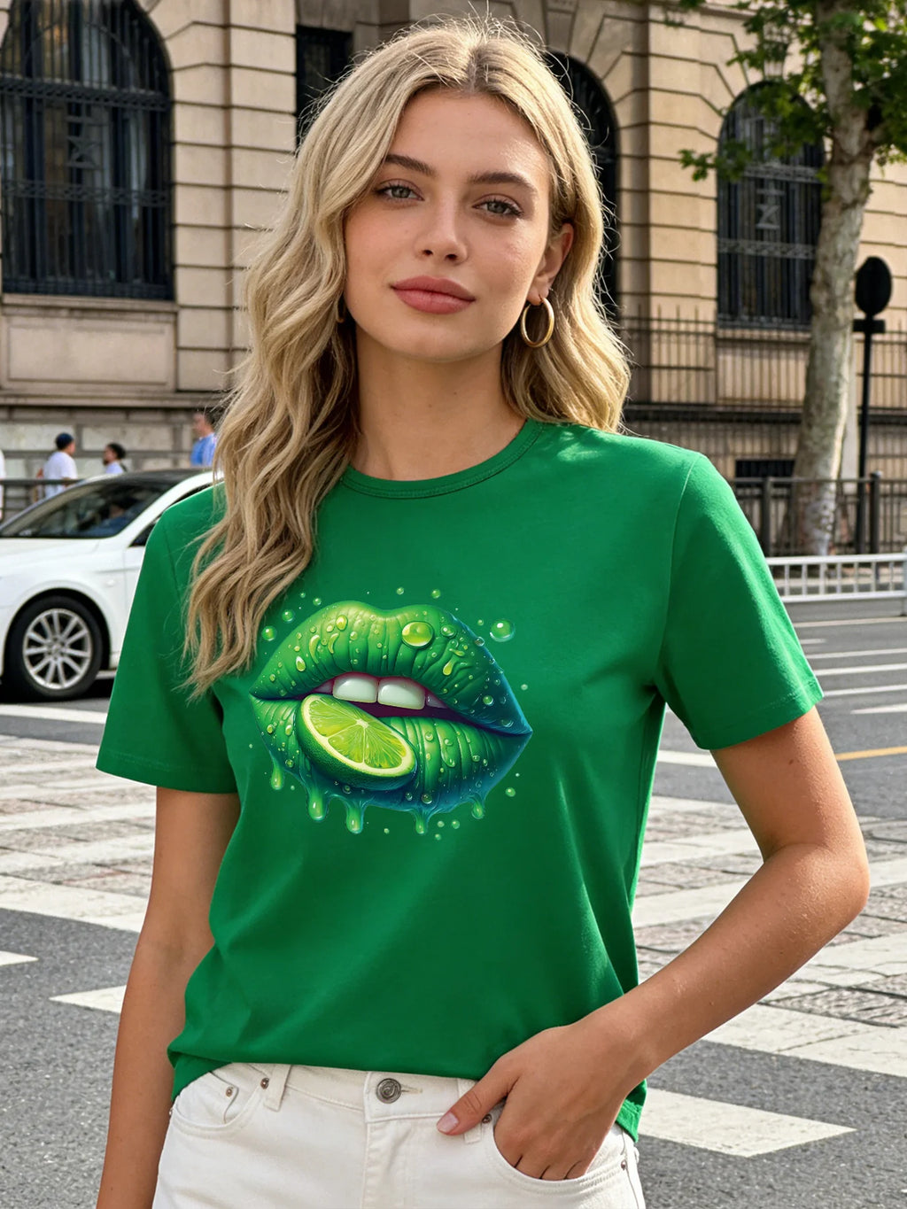 2026 Spring/Summer New Women's Lime Green Lips Pattern T-Shirt Cute Fruit Pattern T-Shirt Casual Round Neck Short Sleeve Top