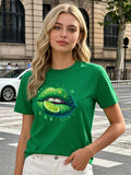 2026 Spring/Summer New Women's Lime Green Lips Pattern T-Shirt Cute Fruit Pattern T-Shirt Casual Round Neck Short Sleeve Top