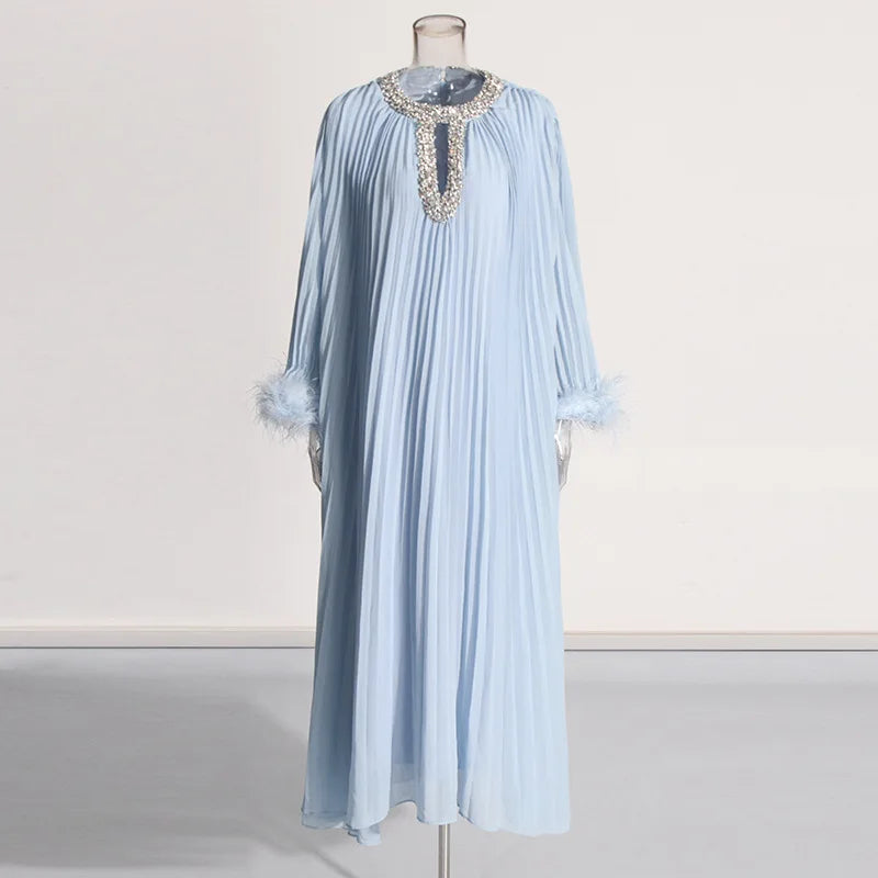 Luxury Women's Pleated Maxi Dress | Crystal Embellished Neckline & Feather Cuff Gown