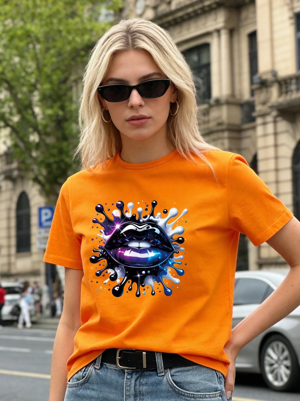 2026 Spring/Summer New Women's Purple Sequined Lip Pattern T-Shirt Casual Round Neck Short Sleeve Top