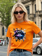 2026 Spring/Summer New Women's Purple Sequined Lip Pattern T-Shirt Casual Round Neck Short Sleeve Top