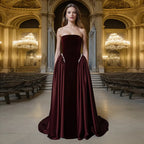 Luxury Strapless Black Velvet & Satin Ball Gown | Crystal-Embellished Waist Evening Dress