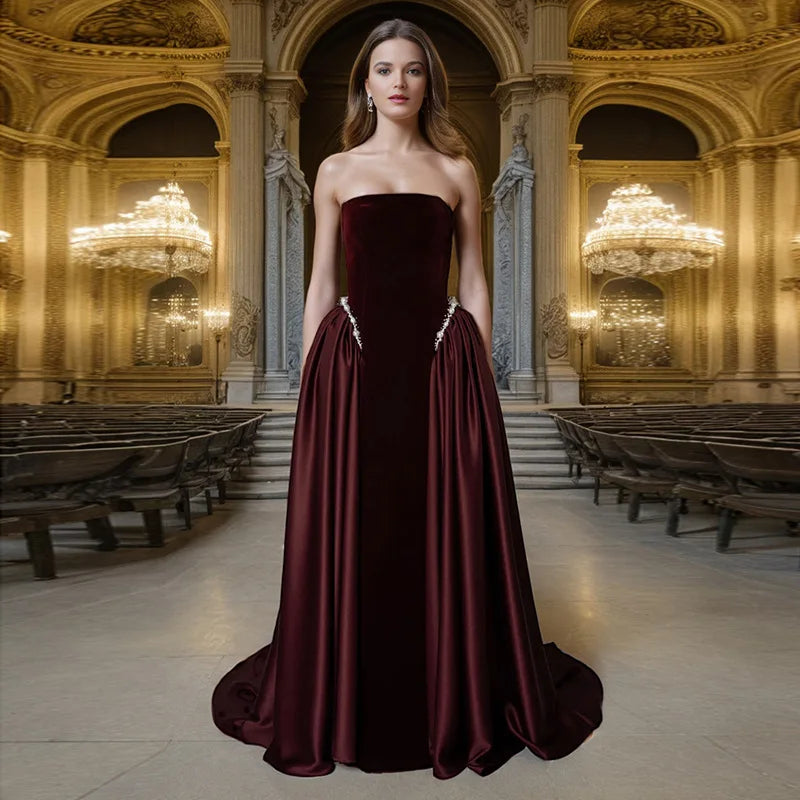 Luxury Strapless Black Velvet & Satin Ball Gown | Crystal-Embellished Waist Evening Dress