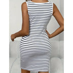 Damen Sexy Kleid Gestreift Wickel-Hüft-V-Ausschnitt Knopfleiste Eng Anliegend Kurzarmlang Knielang Eng Anliegend Frühling Sommer Partykleider