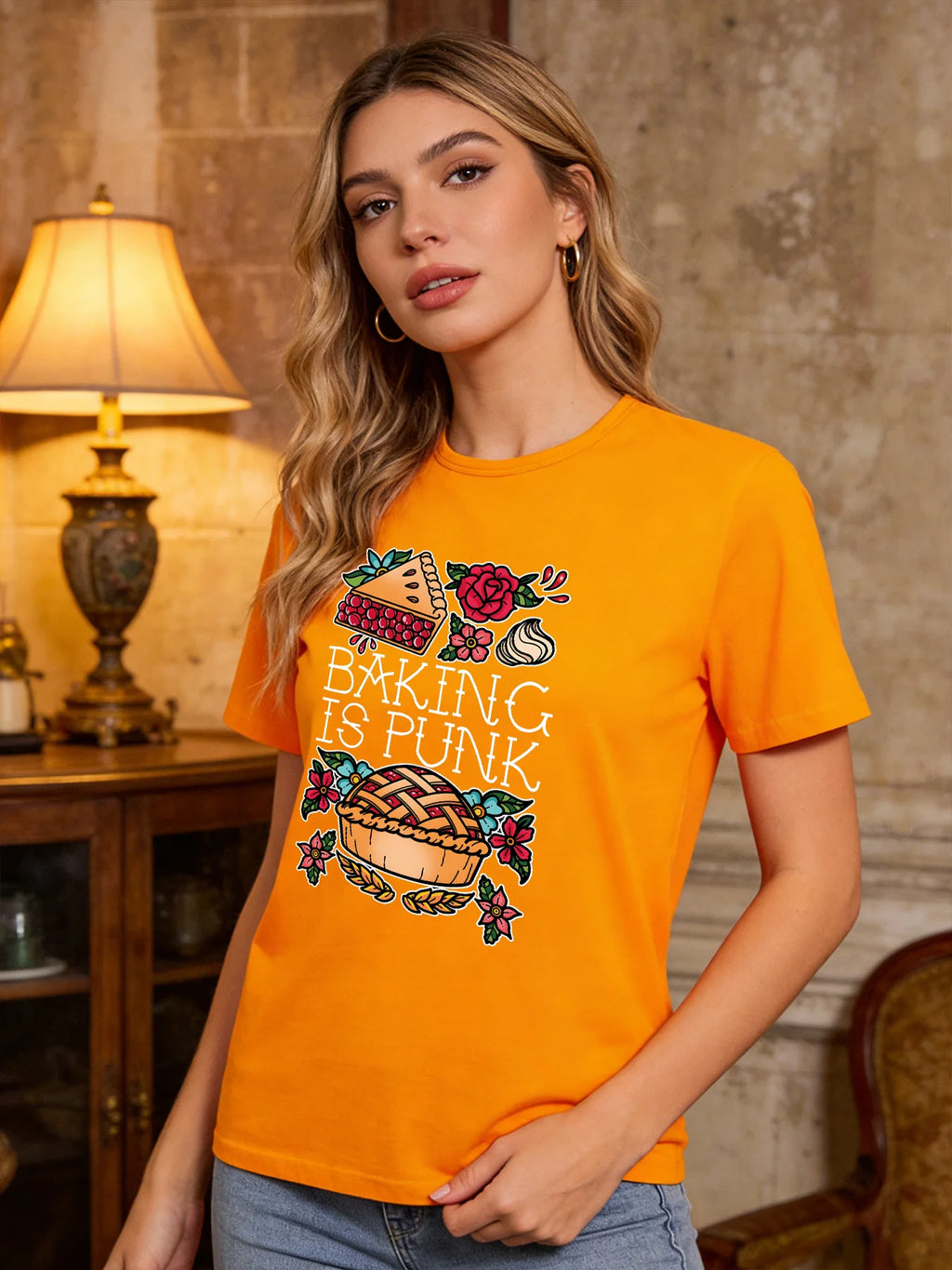 2026 Spring/Summer New Women's Round Neck Fashionable Casual Cute Baking Lover Top/T-Shirt