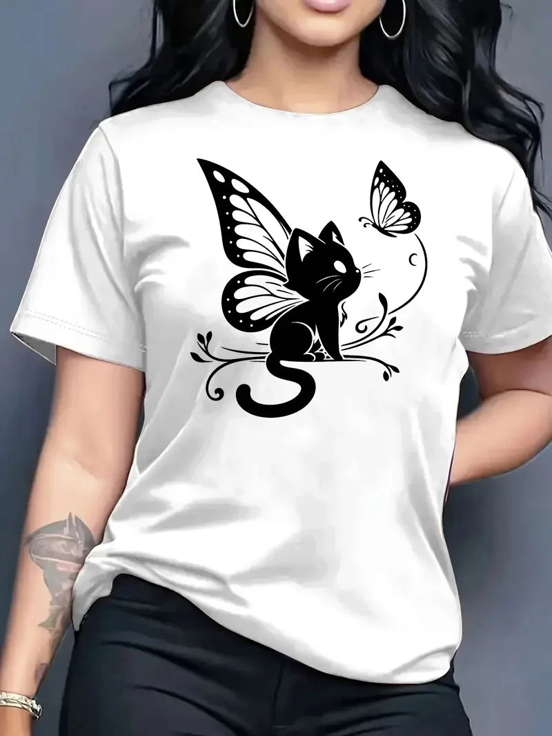 2026 Summer New Women's Round Neck Fashion Casual Loose Butterfly Cat Print T-Shirt Short Sleeve Top