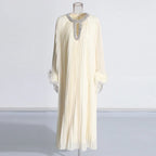 Luxury Women's Pleated Maxi Dress | Crystal Embellished Neckline & Feather Cuff Gown