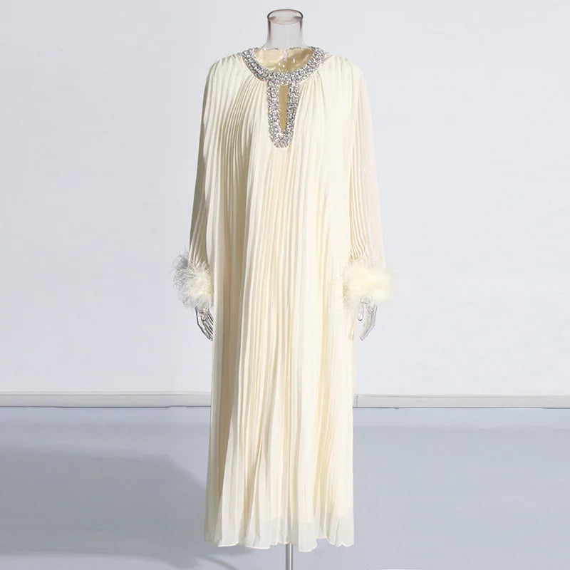 Luxury Women's Pleated Maxi Dress | Crystal Embellished Neckline & Feather Cuff Gown
