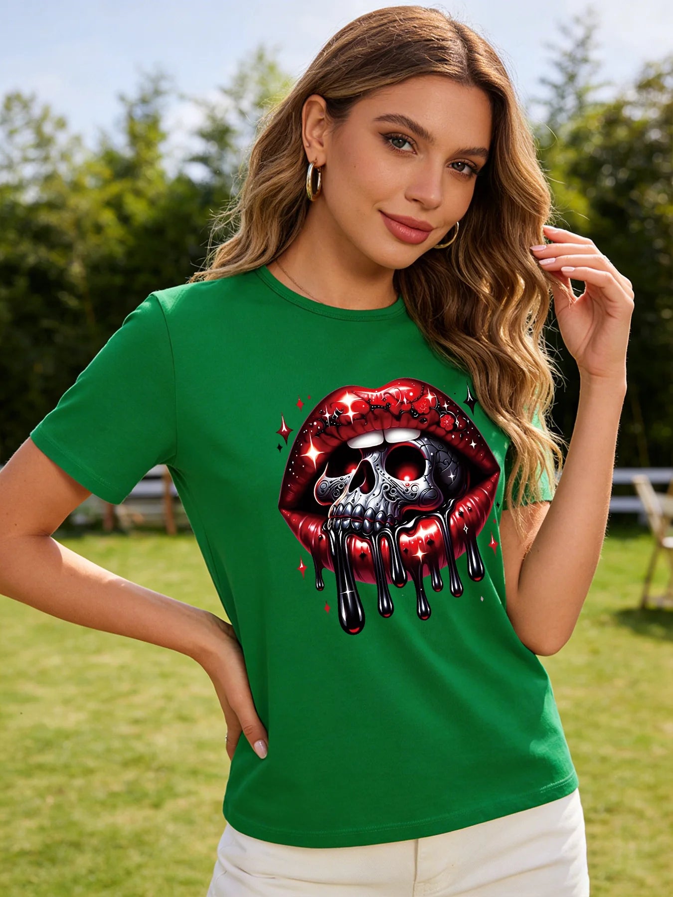 Skull Drip Lips T Shirt Women Gothic Red Lip Print Graphic Tee Casual Round Neck Short Sleeve Tops