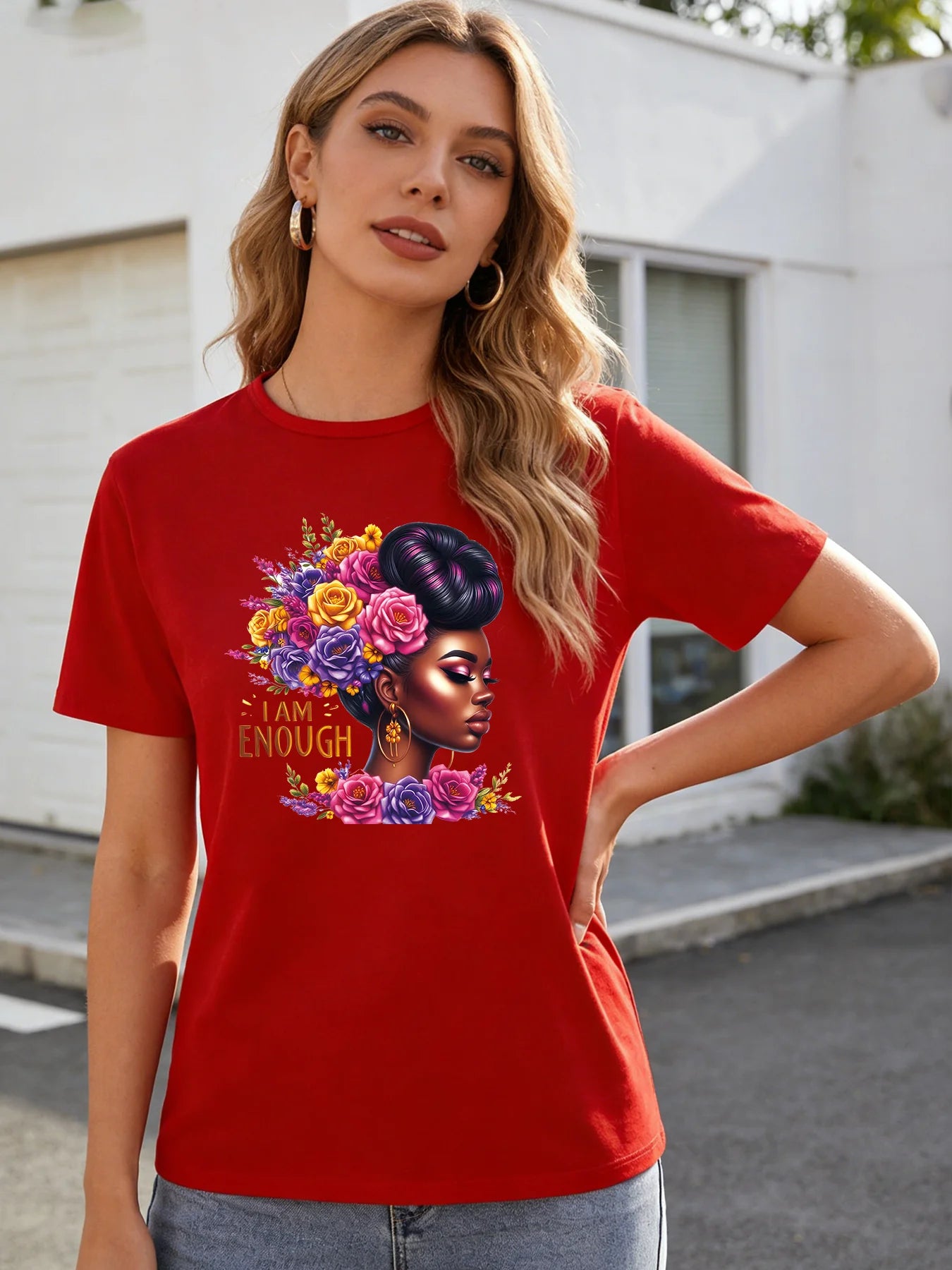 I Am Enough T Shirt Women Black Queen Floral Graphic Tee Casual Round Neck Short Sleeve Tops