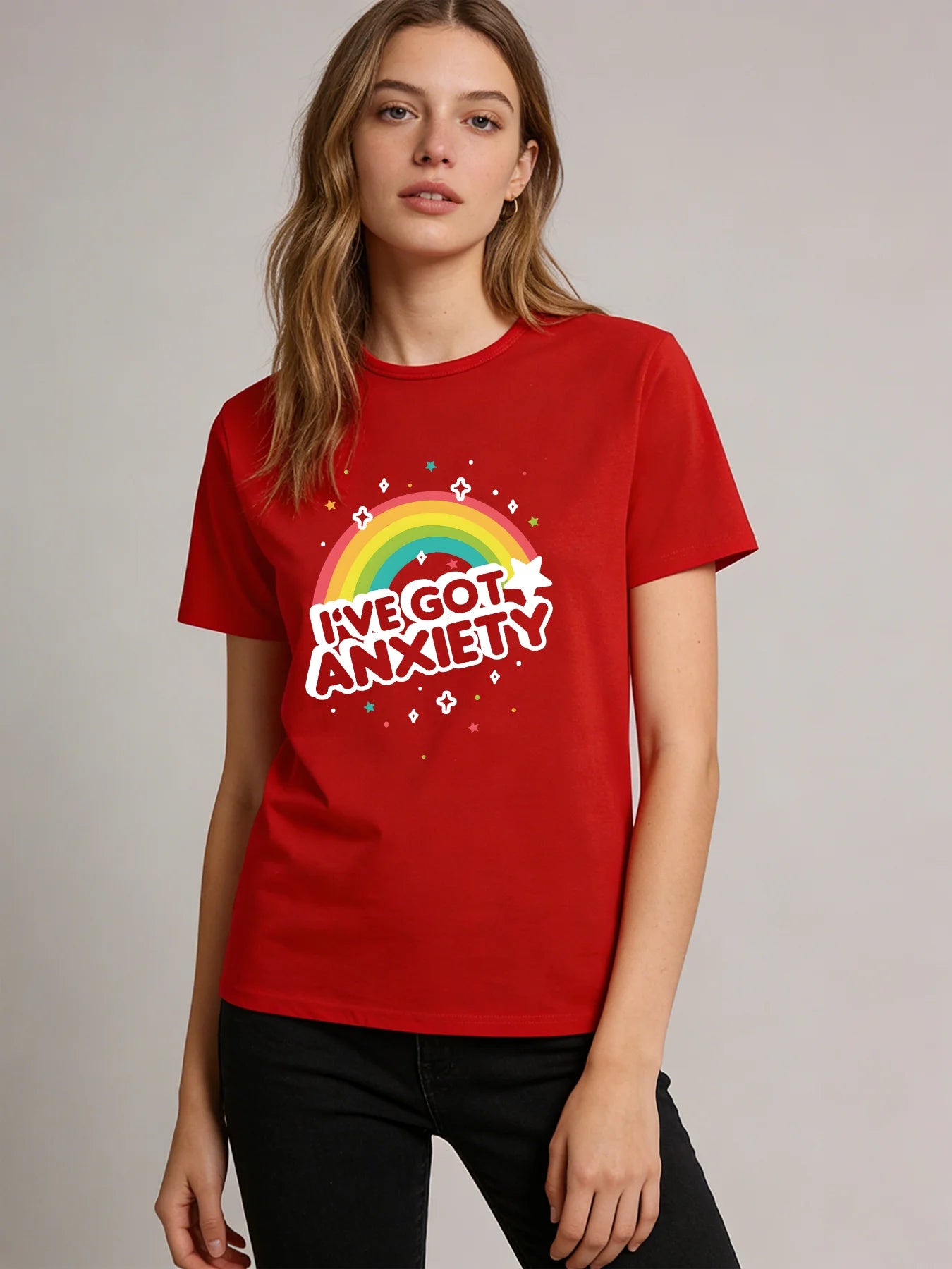 I've Got Anxiety Rainbow T Shirt Women Funny Mental Health Graphic Tee Spring Summer Round Neck Short Sleeve Casual Tops