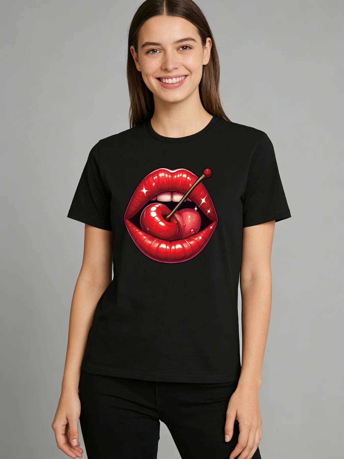 Red Cherry Lips T Shirt Women Cute Sweet Graphic Tee 2026 Spring Summer Round Neck Short Sleeve Tops