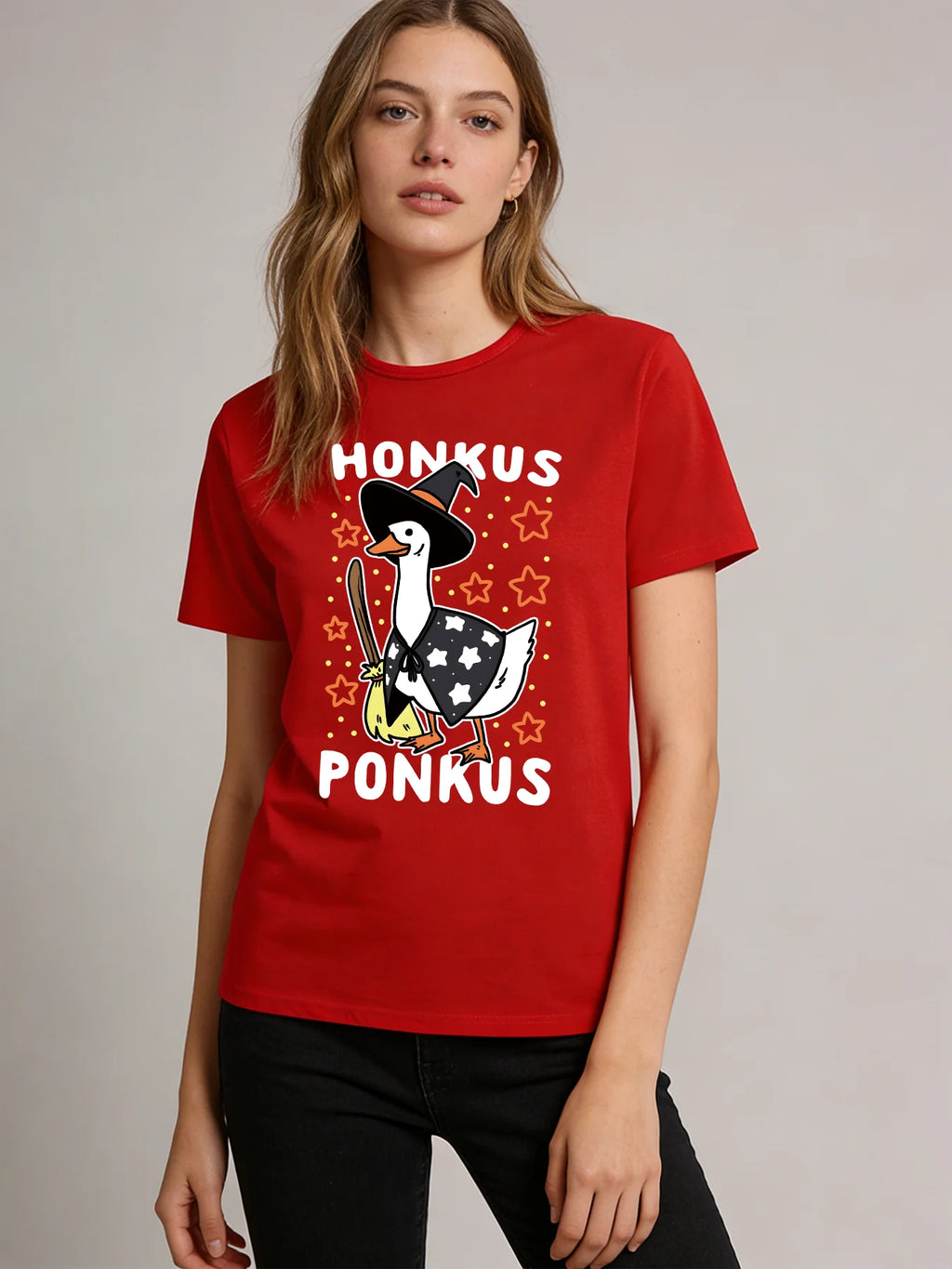 Honkus Ponkus Goose Witch T-Shirt Women Spring Summer Round Neck Short Sleeve Cute Funny Animal Graphic Casual Tee