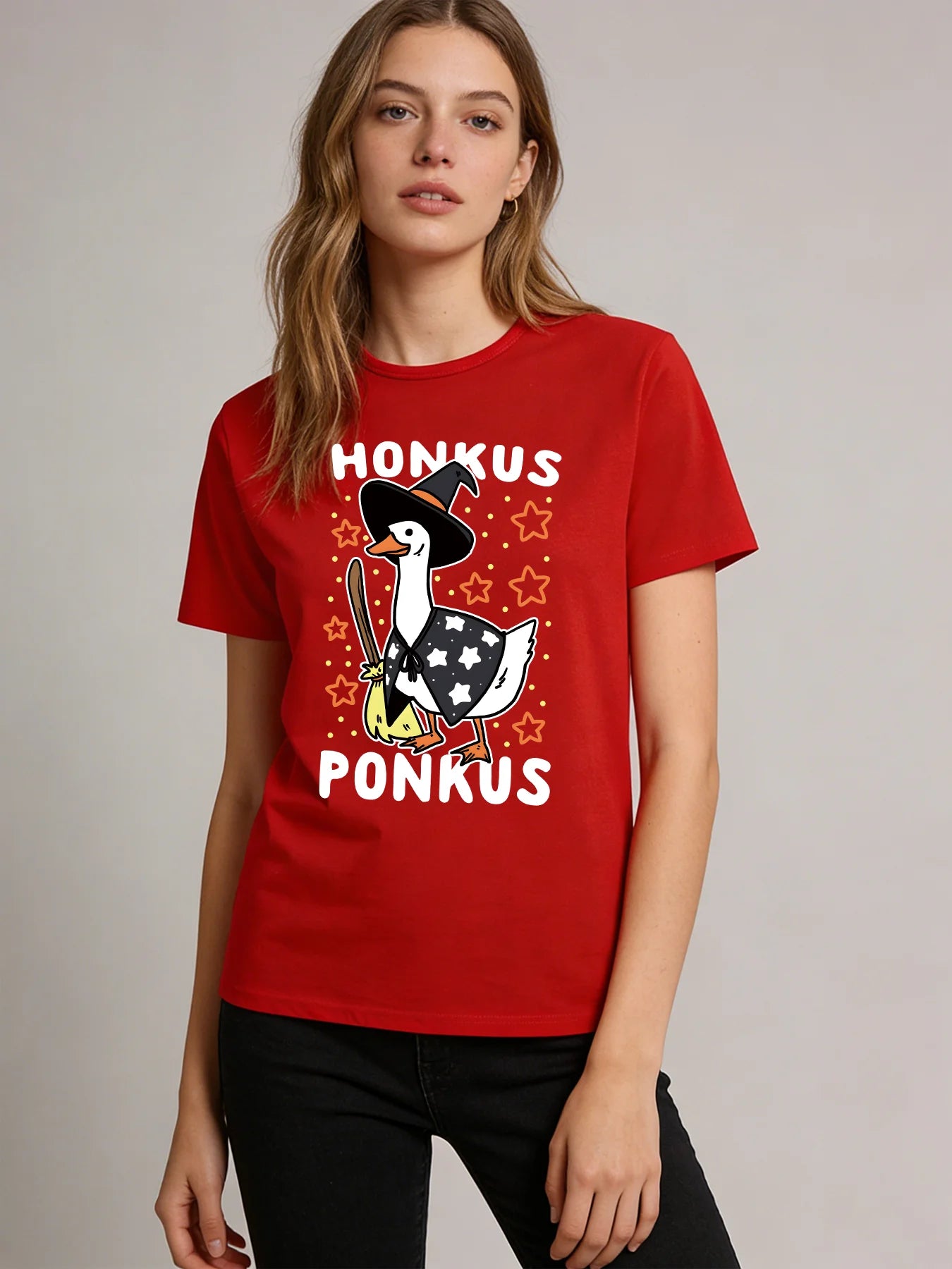 Honkus Ponkus Goose Witch T-Shirt Women Spring Summer Round Neck Short Sleeve Cute Funny Animal Graphic Casual Tee