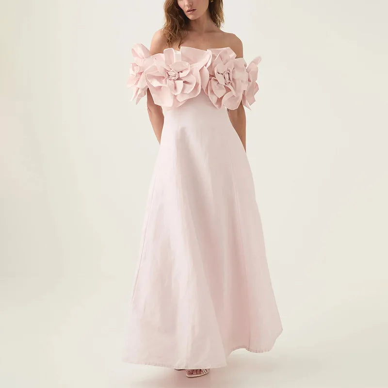 Tube Top Long Dress 2025 Early Spring New Three-Dimensional Flower Waist Slimming Celebrity Style Solid Color Dress