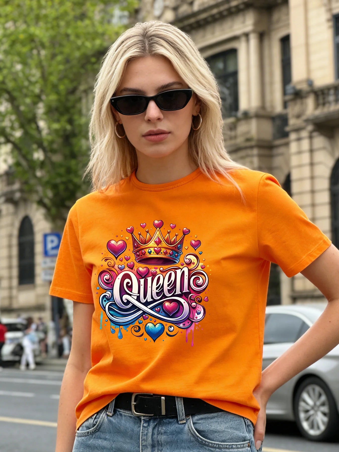 2026 Spring/Summer New Women's Round Neck Casual T-Shirt with Queen Letter Crown Print Top