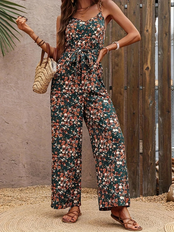 Women Floral Print Spaghetti Strap Jumpsuit - Casual Belted Wide Leg Romper