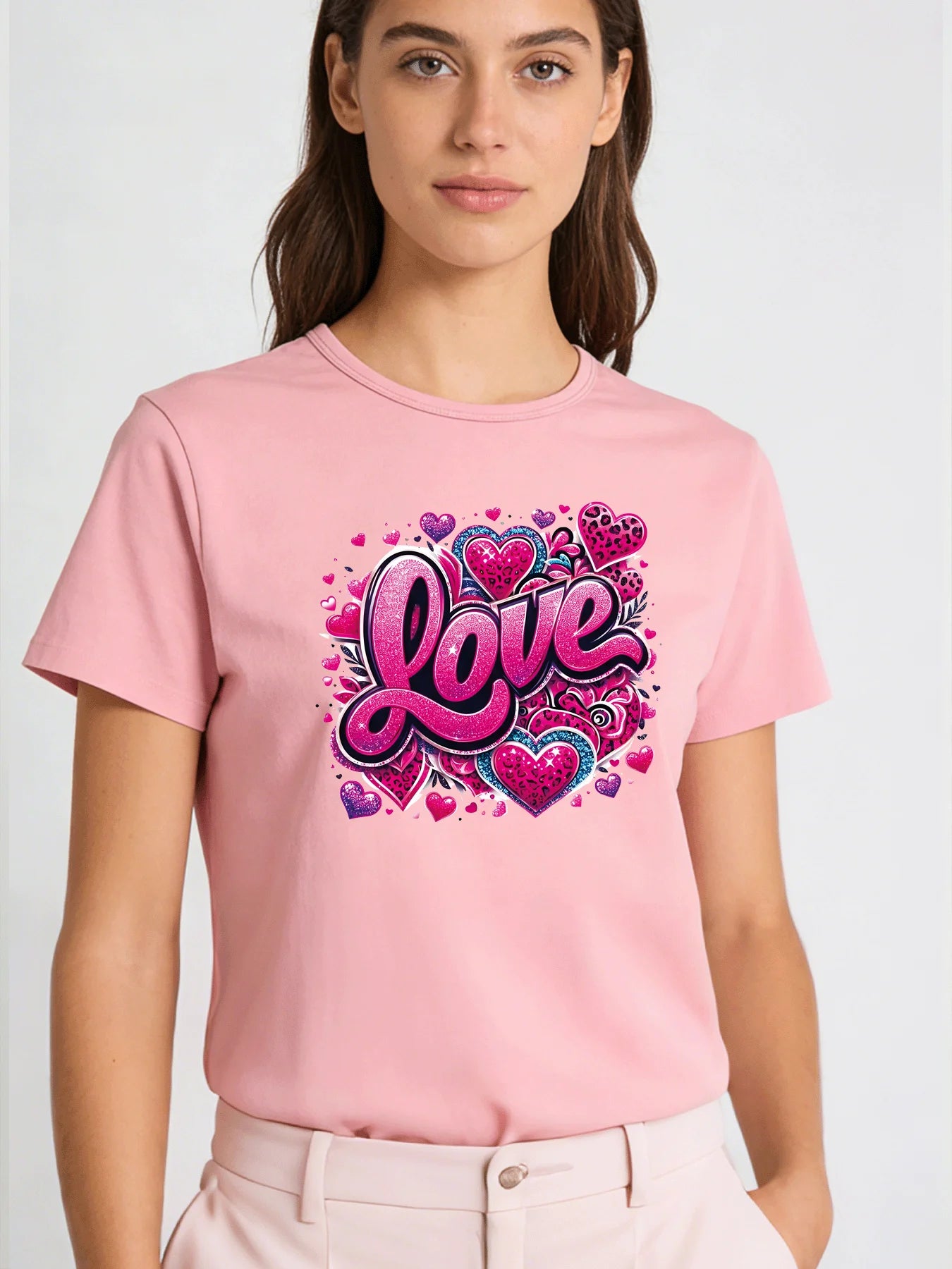 2026 Spring/Summer New Women's Heart Pattern T-Shirt, Pink Sequin Print, Casual Round Neck Short Sleeve Top