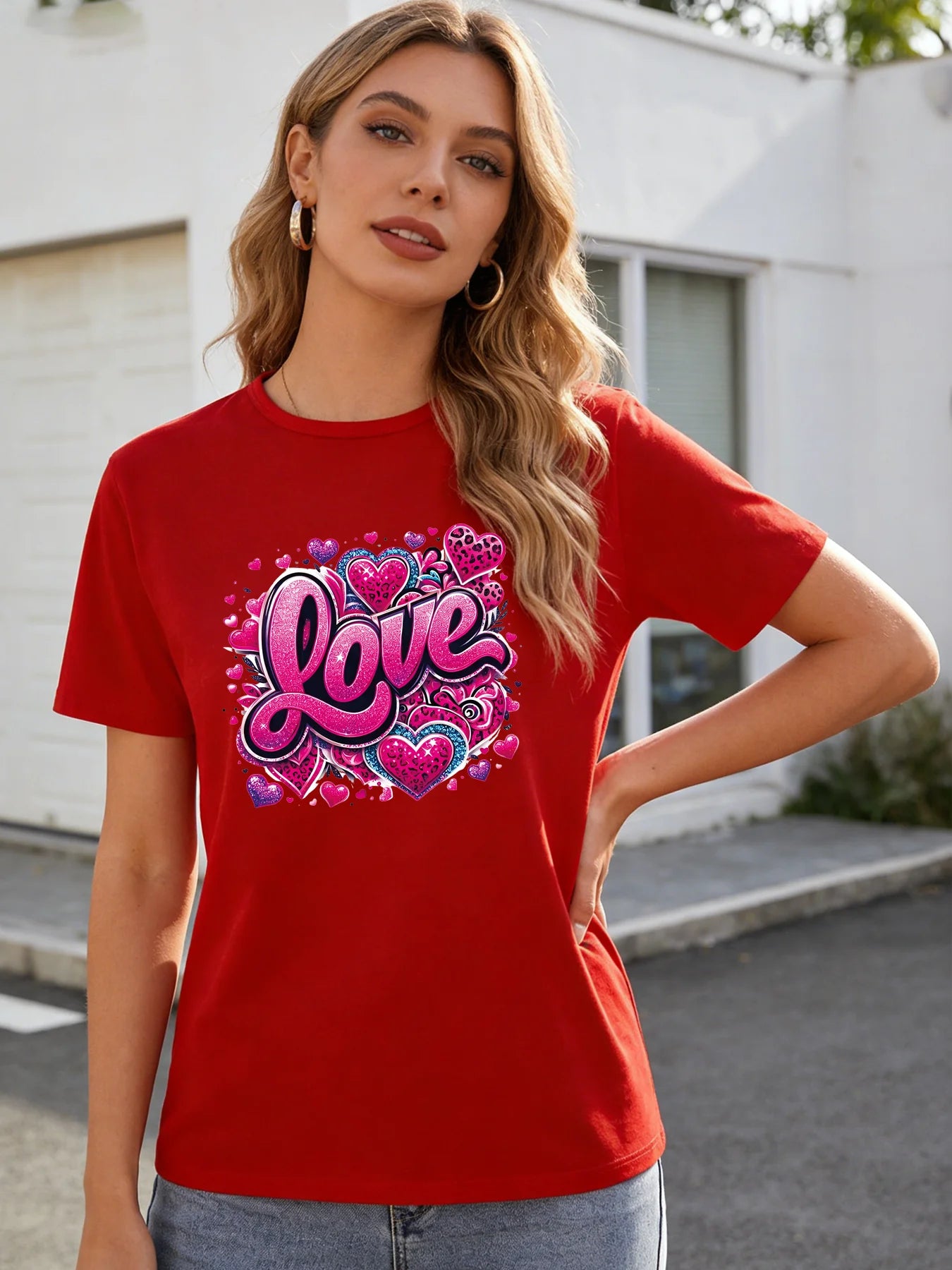 2026 Spring/Summer New Women's Heart Pattern T-Shirt, Pink Sequin Print, Casual Round Neck Short Sleeve Top