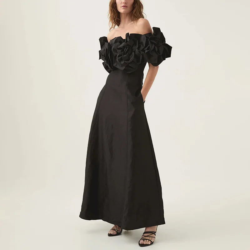 Tube Top Long Dress 2025 Early Spring New Three-Dimensional Flower Waist Slimming Celebrity Style Solid Color Dress