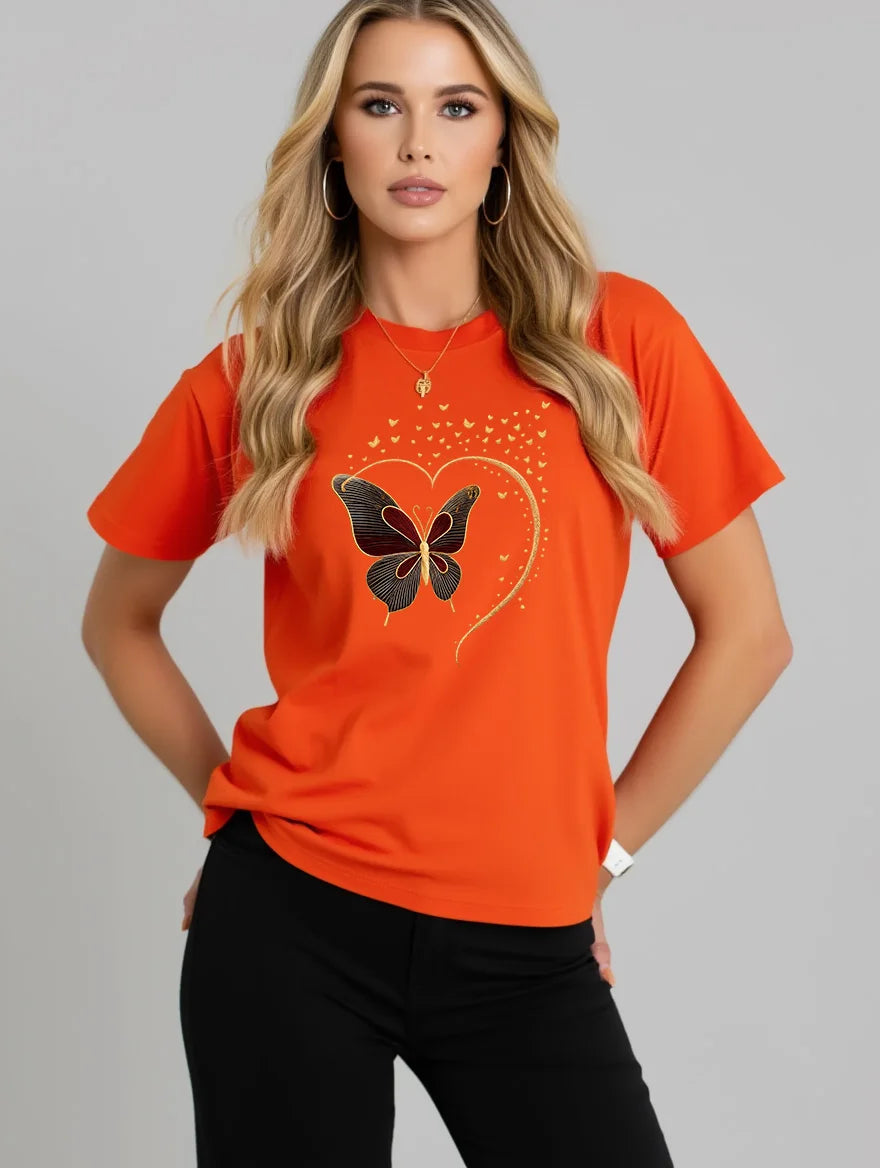 2026 Summer New Women's Round Neck Fashion Casual Loose Butterfly Print T-Shirt Short Sleeve Top Футболка Смешная