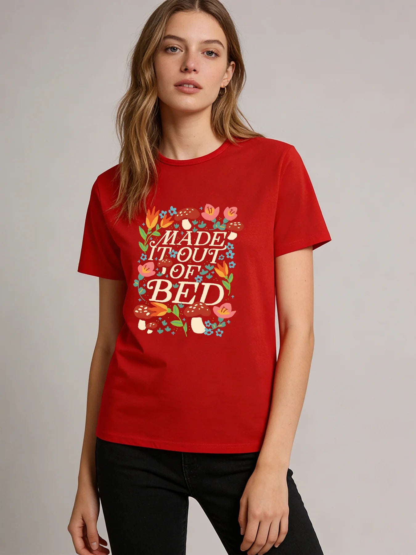 Made It Out of Bed T Shirt Women Funny Cottagecore Mushroom Floral Graphic Tee Spring Summer Round Neck Short Sleeve Tops