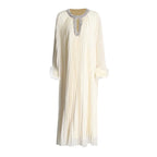 Luxury Women's Pleated Maxi Dress | Crystal Embellished Neckline & Feather Cuff Gown