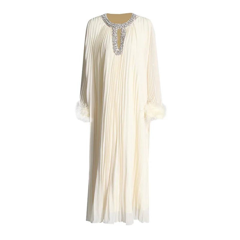 Luxury Women's Pleated Maxi Dress | Crystal Embellished Neckline & Feather Cuff Gown
