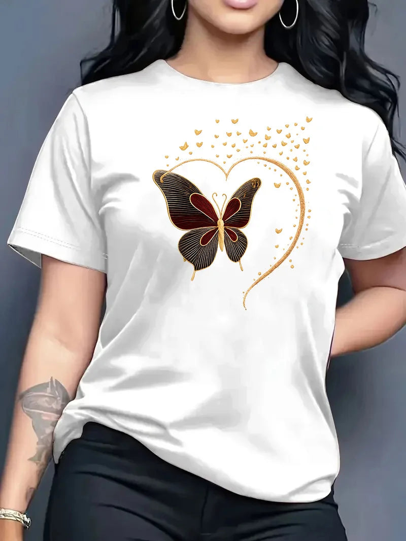 2026 Summer New Women's Round Neck Fashion Casual Loose Butterfly Print T-Shirt Short Sleeve Top Футболка Смешная