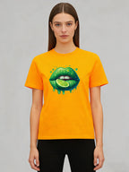 2026 Spring/Summer New Women's Lime Green Lips Pattern T-Shirt Cute Fruit Pattern T-Shirt Casual Round Neck Short Sleeve Top