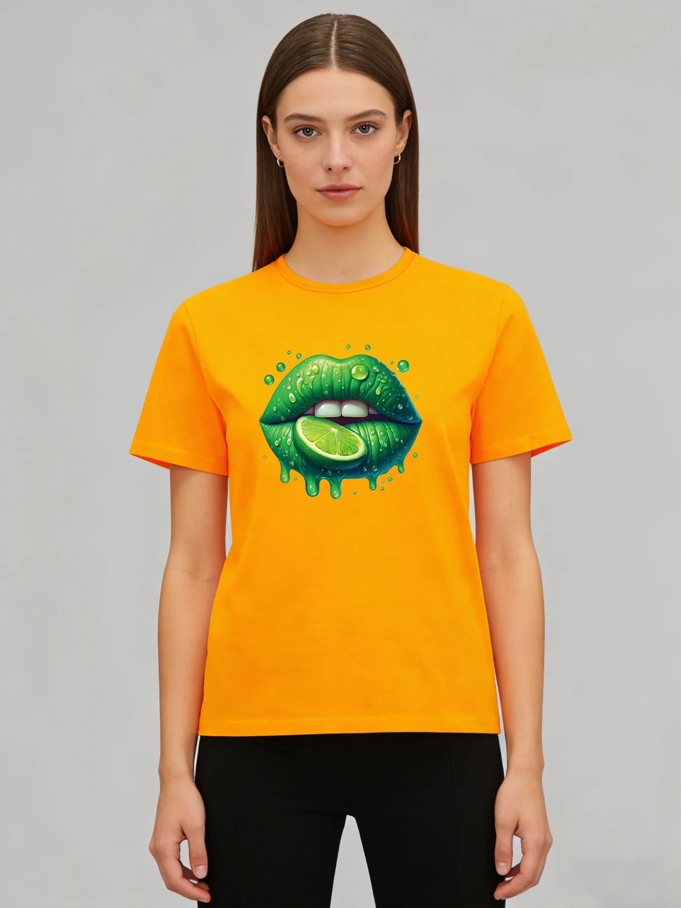 2026 Spring/Summer New Women's Lime Green Lips Pattern T-Shirt Cute Fruit Pattern T-Shirt Casual Round Neck Short Sleeve Top