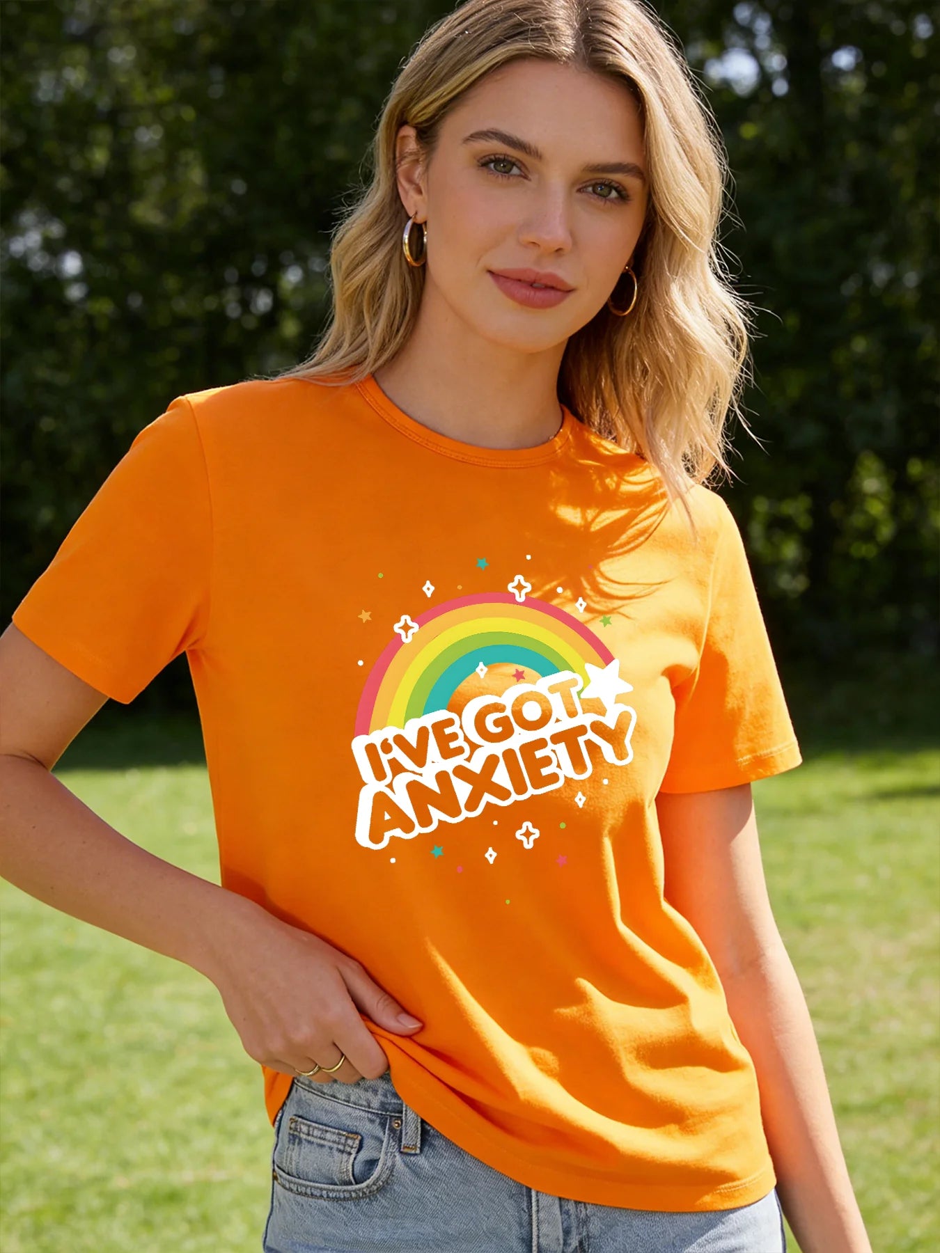 I've Got Anxiety Rainbow T Shirt Women Funny Mental Health Graphic Tee Spring Summer Round Neck Short Sleeve Casual Tops