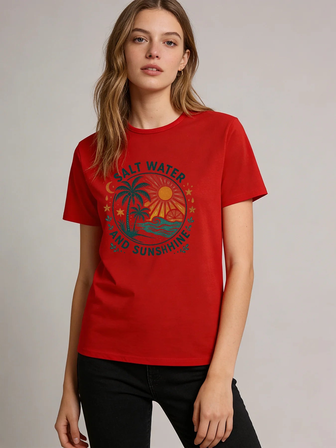 Salt Water and Sunshine T Shirt Women Summer Beach Graphic Tee Casual Round Neck Short Sleeve Tops