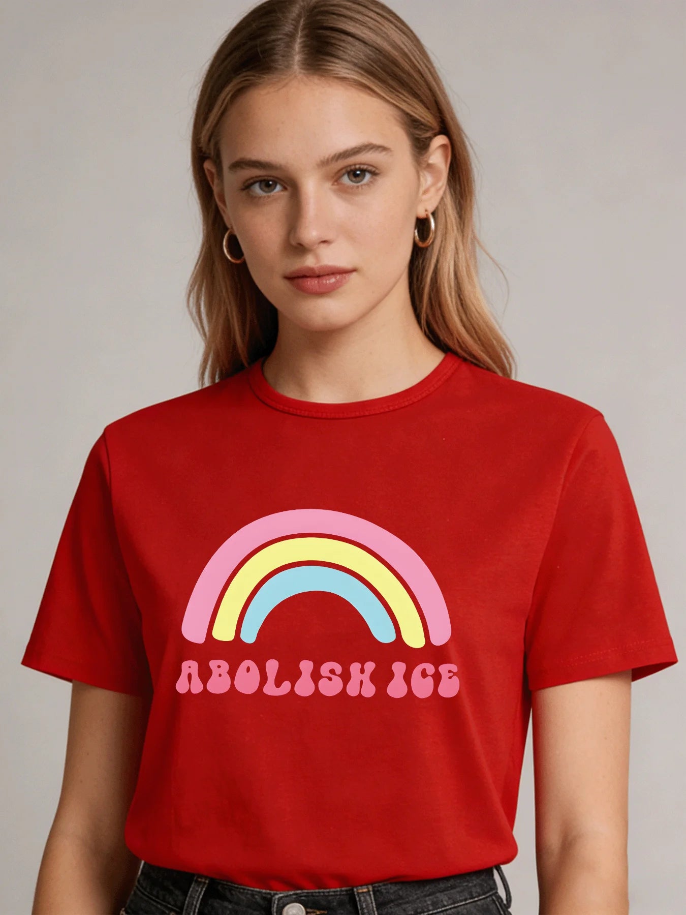2026 Spring Summer New Women Rainbow Print T-Shirt Casual Loose O Neck Short Sleeve Tee Tops