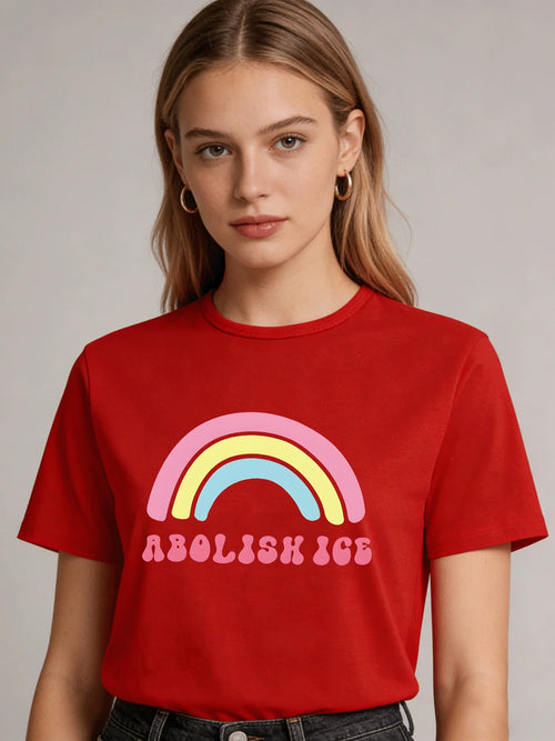 2026 Spring Summer New Women Rainbow Print T-Shirt Casual Loose O Neck Short Sleeve Tee Tops