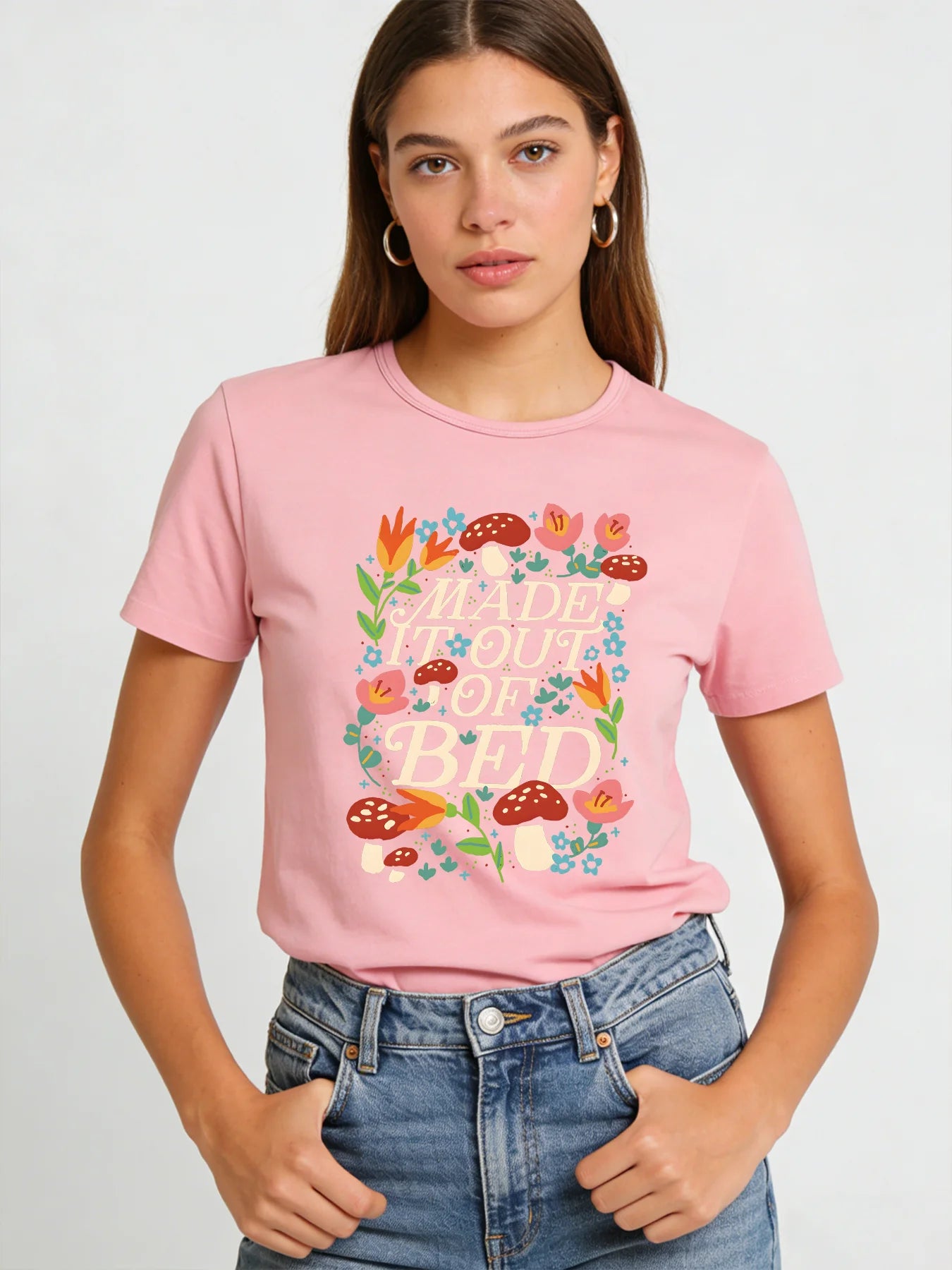Made It Out of Bed T Shirt Women Funny Cottagecore Mushroom Floral Graphic Tee Spring Summer Round Neck Short Sleeve Tops