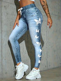 Hosen Damen Faux Denim Bedruckte High Waist Leggings Casual Skinny Stretch Imitation Jeans Sweathose Kleidung Y2k Hose Jogger