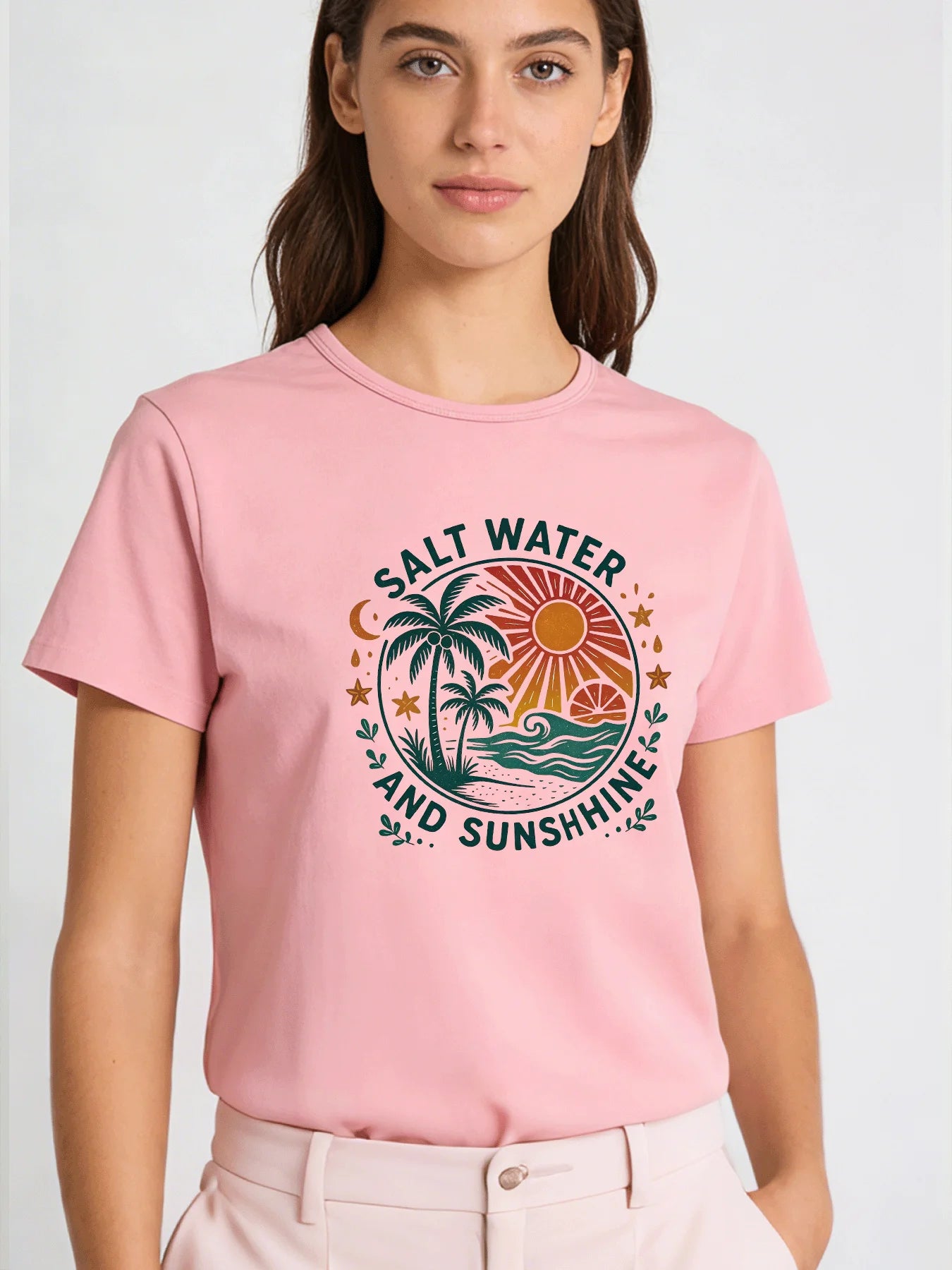 Salt Water and Sunshine T Shirt Women Summer Beach Graphic Tee Casual Round Neck Short Sleeve Tops