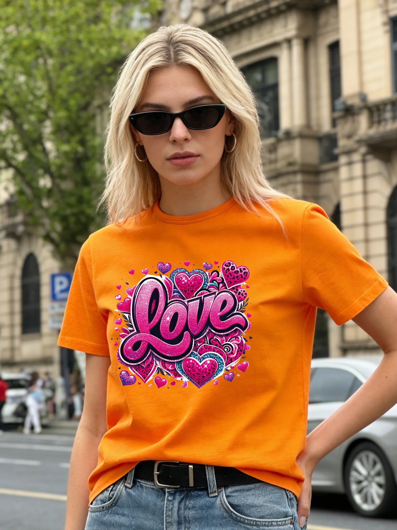 2026 Spring/Summer New Women's Heart Pattern T-Shirt, Pink Sequin Print, Casual Round Neck Short Sleeve Top
