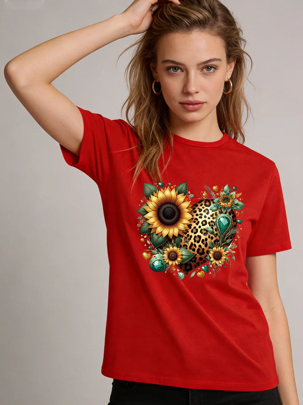 Leopard Heart Sunflower T Shirt Women Boho Floral Graphic Tee 2026 Spring Summer Round Neck Short Sleeve Tops