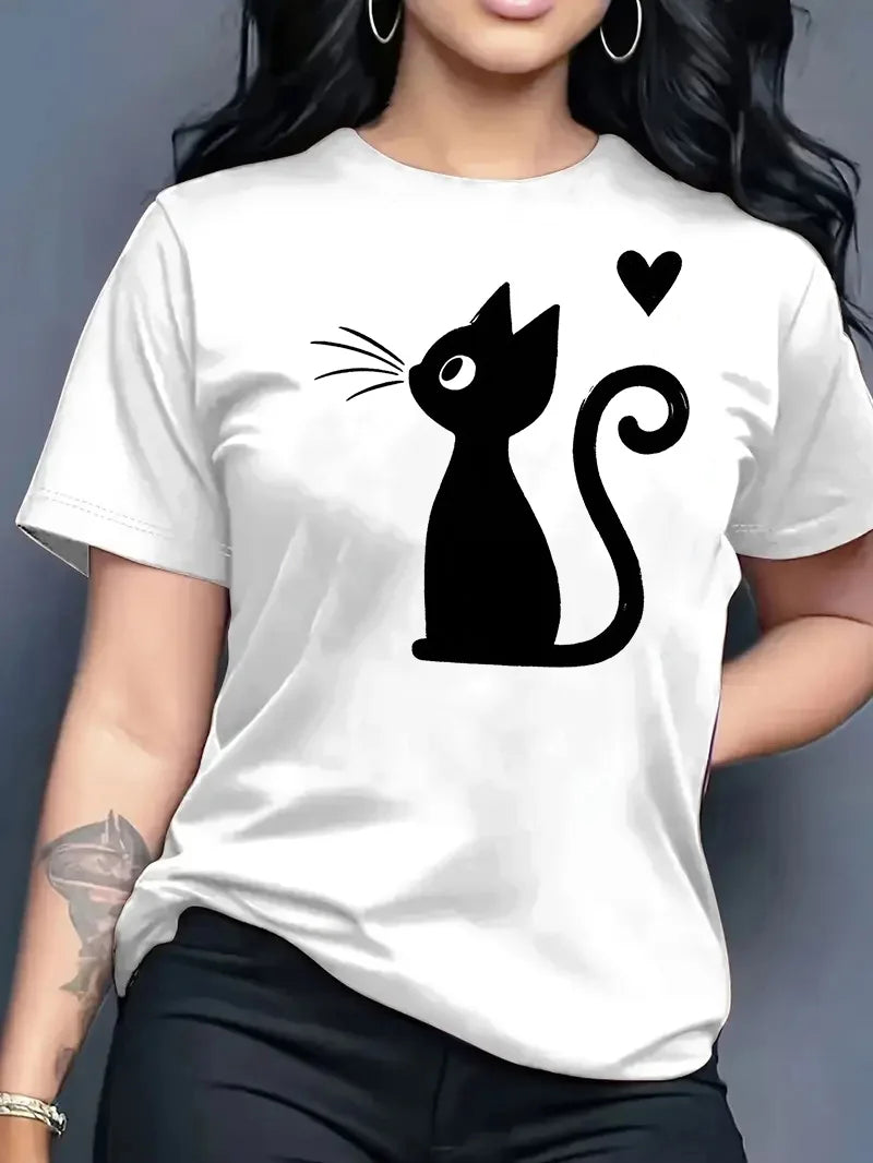 2026 Summer New Women's Round Neck Fashion Casual Loose Cat Print T-Shirt Short Sleeve Top Футболка Смешная