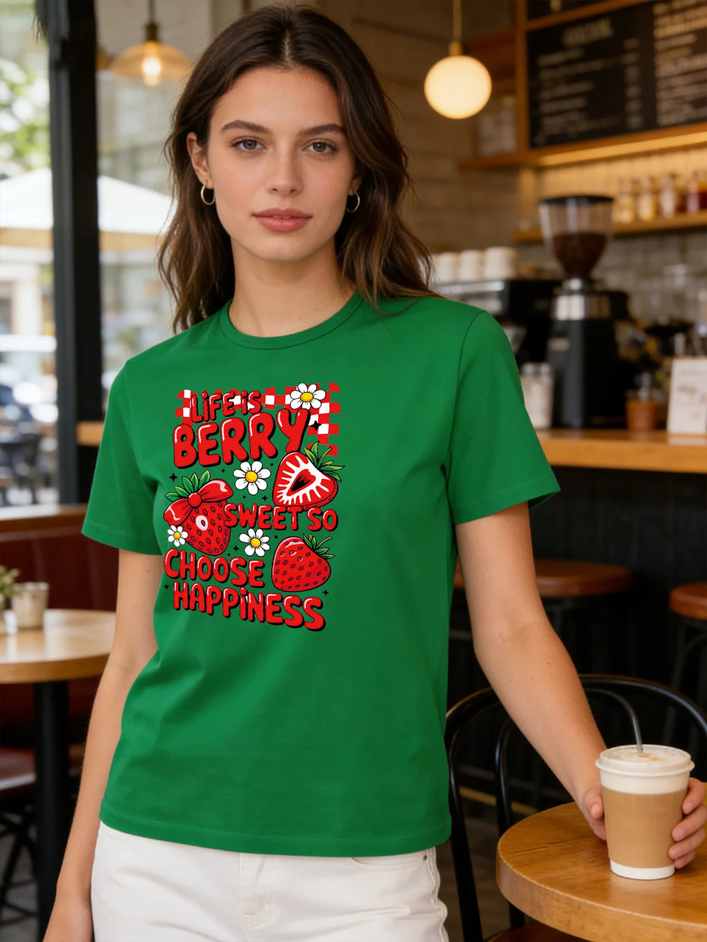 Life Is Berry Sweet So Choose Happiness T Shirt Women Strawberry Graphic Tee Casual Round Neck Short Sleeve Tops