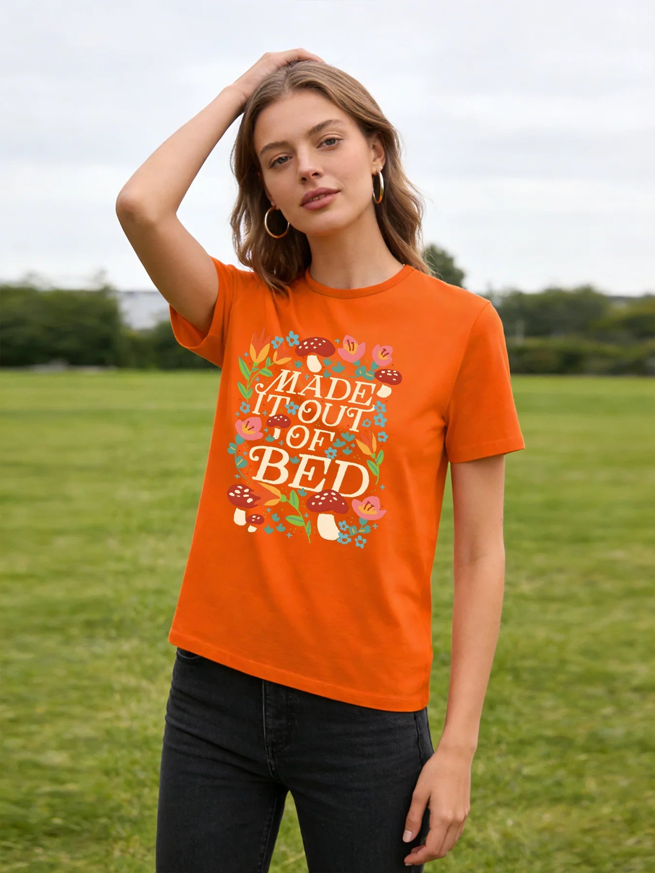 Made It Out of Bed T Shirt Women Funny Cottagecore Mushroom Floral Graphic Tee Spring Summer Round Neck Short Sleeve Tops